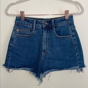Tractr BLU Women's Blue High Rise Denim Shorts with raw hem | 25